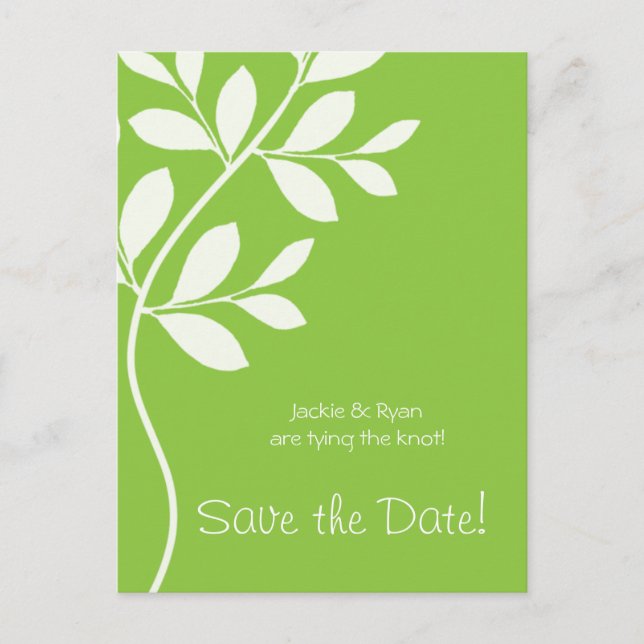 Save the Date Postcard Lime Green Leaf Branch (Front)