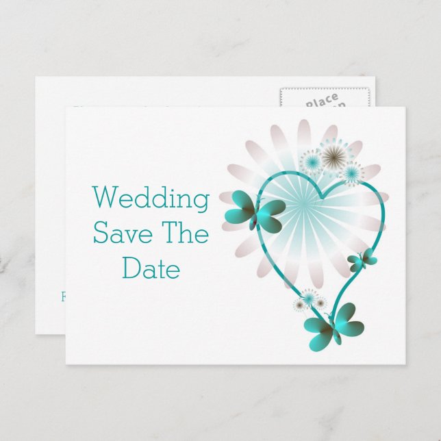 Save The Date Postcard Mint Heart And Butterflies (Front/Back)