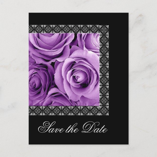 Save the Date Postcard PURPLE Roses SILVER Lace (Front)