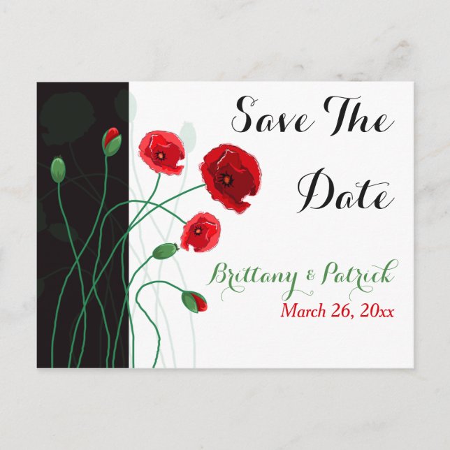 Save The Date Postcard | Red Poppies | Green Black (Front)