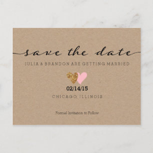 Save the Date Postcard - Two Hearts, Kraft Glitter