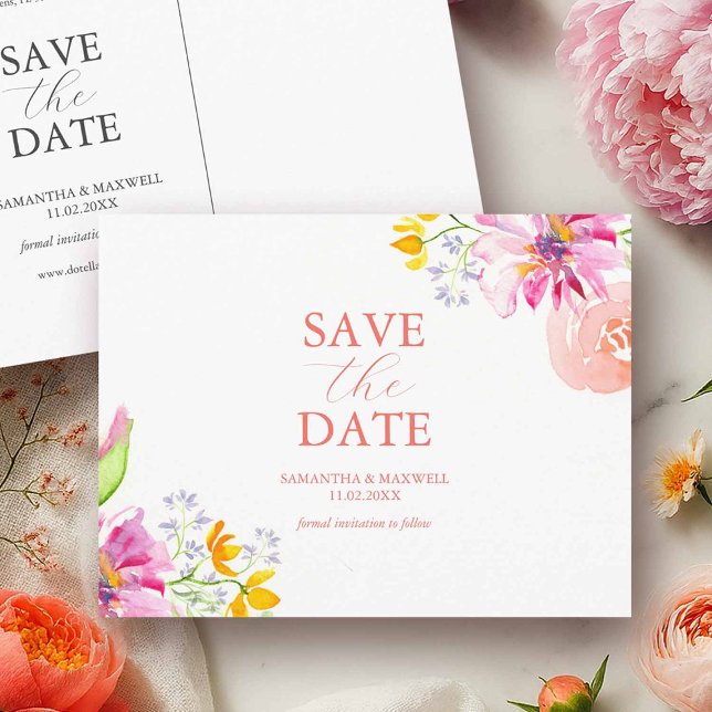 Save The Date Postcard Watercolor Floral (Watercolor floral wedding save the date postcards in shades of pink and orange by Do Tell A Belle)