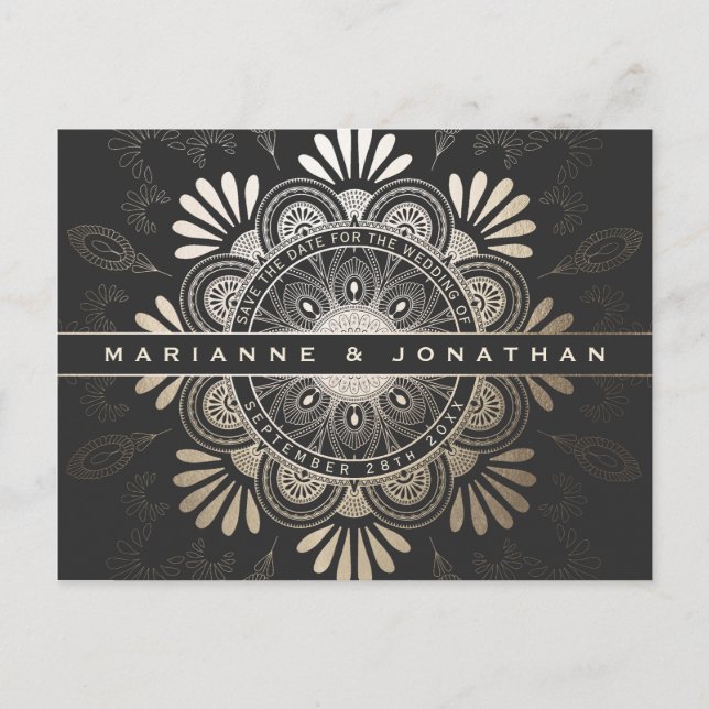 Save the Date Postcards Black & Gold Foil Mandala (Front)