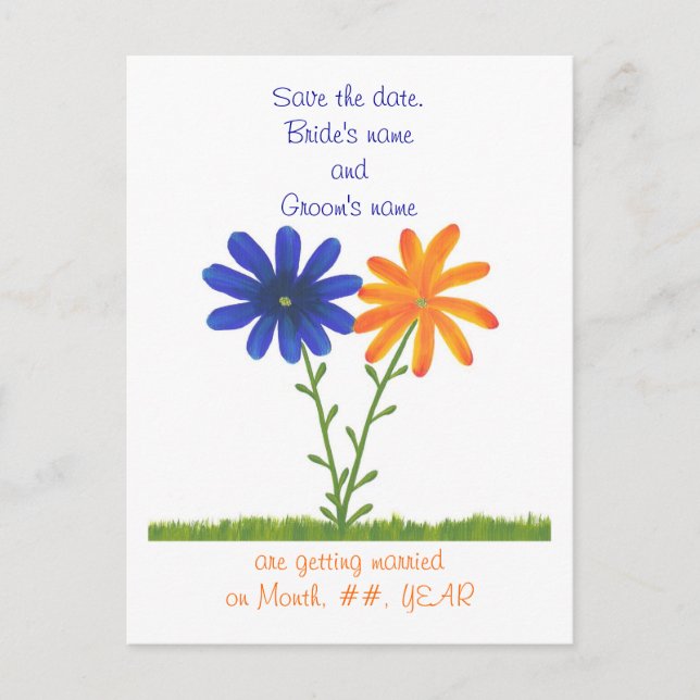 Save the date postcards, blue orange flowers announcement postcard (Front)