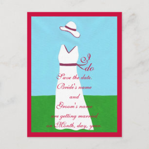Save the date postcards, wedding dress, red announcement postcard