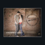 Save the Date Postmark Circle Photo Postcard<br><div class="desc">Like a postmark on an envelope, this design has the look of a stamp on the front with a circle of words that states "save the date - we're getting married". Personalised with your wedding date and names with a full size photo featuring the fun couple. A great alternative to...</div>