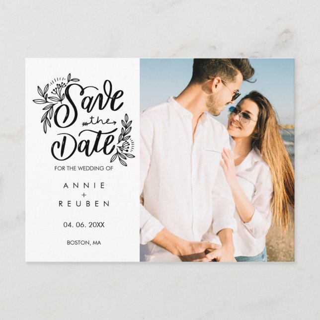 Save the Date Pretty Hand Script Modern Photo Announcement Postcard (Front)