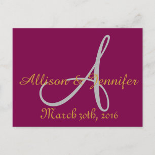 Save the date Purple and Gold Announcement Postcard