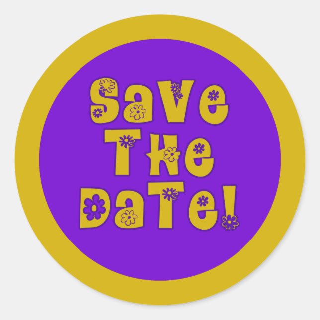 Save the Date Purple and Gold Classic Round Sticker (Front)