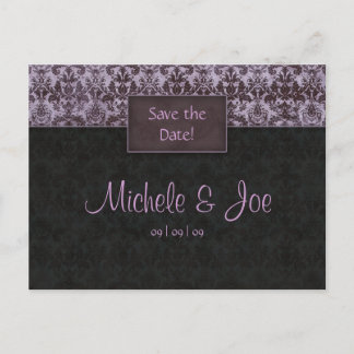 Save the Date Purple Black Damask Postcard