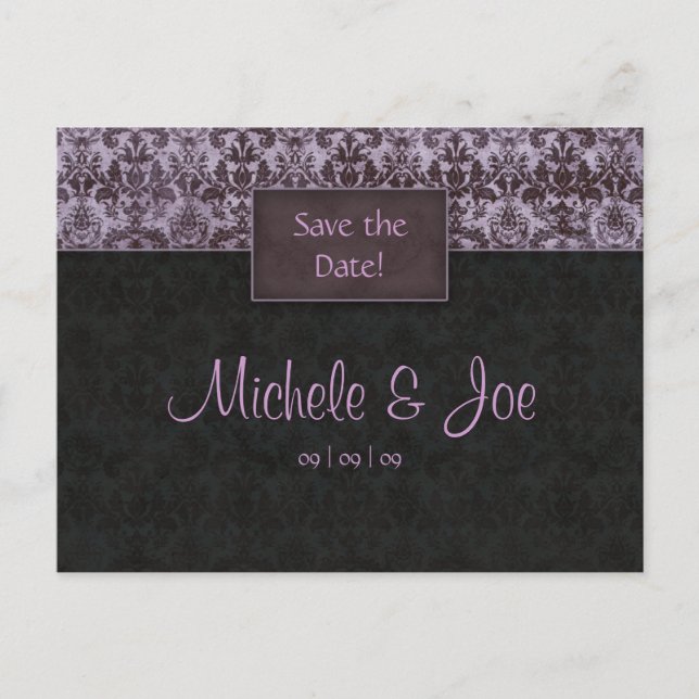 Save the Date Purple Black Damask Postcard (Front)