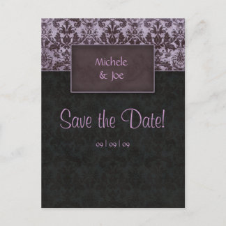 Save the Date Purple Black Damask Postcard 2