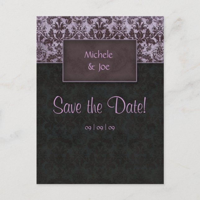Save the Date Purple Black Damask Postcard 2 (Front)