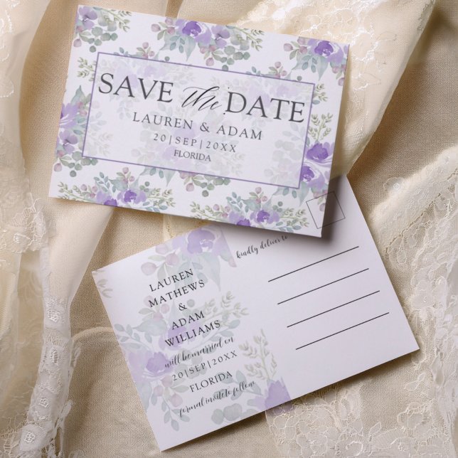 Save the Date Purple Floral Wedding Announcement Postcard (Creator Uploaded)