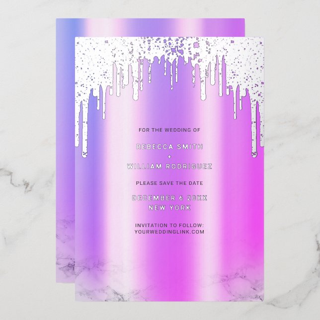 Save The Date Purple Glitter Drips Silver (Front/Back)