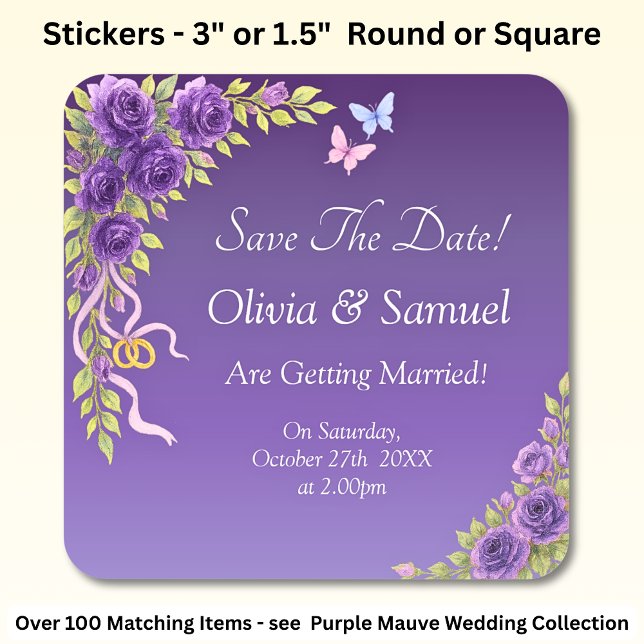 Save The Date -Purple Mauve Flowers & White Square Sticker (Creator Uploaded)