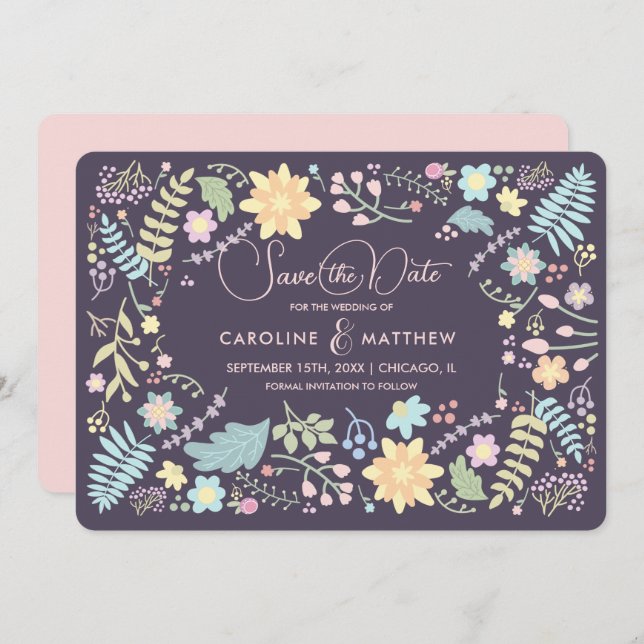 Save the Date. Purple Pink Floral Wedding Card (Front/Back)