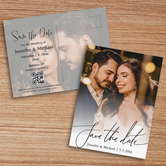 save the date qr code couple 2 photos minimalist announcement postcard (Creator Uploaded)
