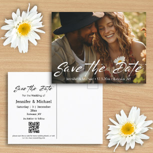 save the date qr code photo white handwriting announcement postcard