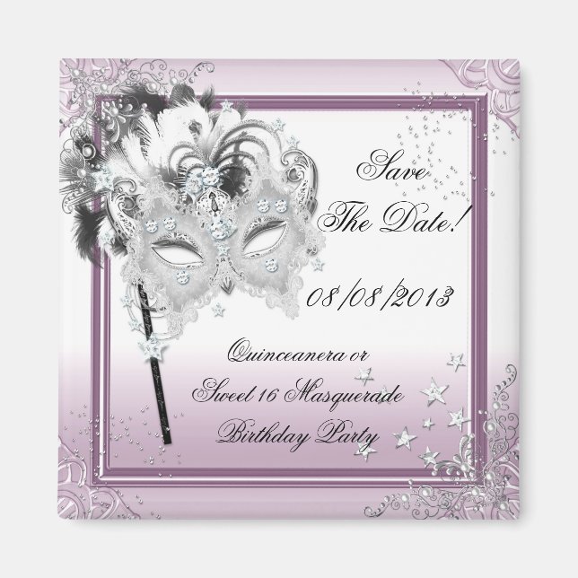 Save The Date Quinceanera Sweet 16 Masquerade Pink Magnet (Front)