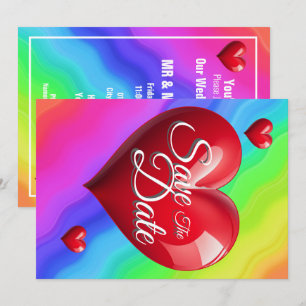 Save The Date Rainbow Wedding Red 3 Hearts Invitation