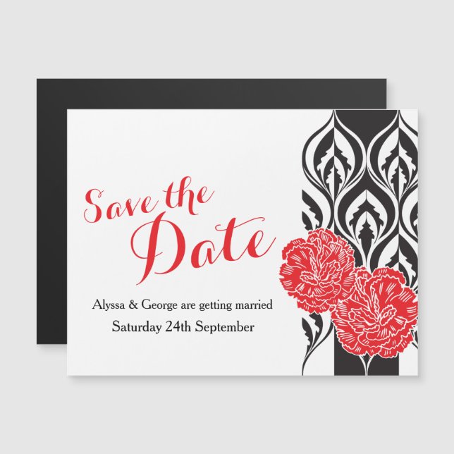 Save the date red dianthus wedding magnetic invitation (Front/Back)