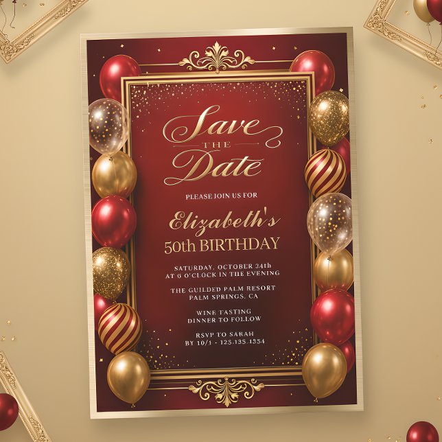 Save the Date Red Gold 50th Birthday Invitation (Creator Uploaded)