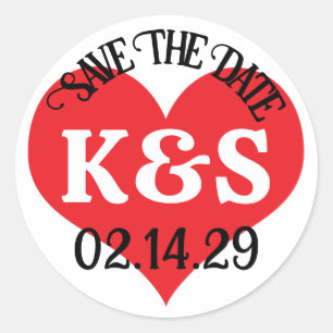 SAVE THE DATE Red Heart And Your Initials Wedding Classic Round Sticker