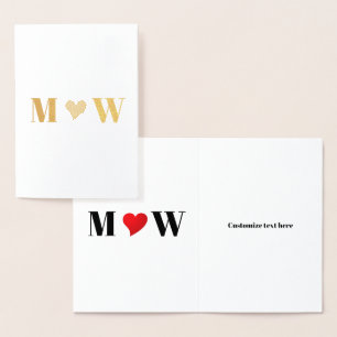 Save the date red heart couple initials monogram foil card