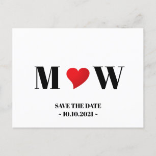 Save the date red heart custom couple monogram announcement postcard