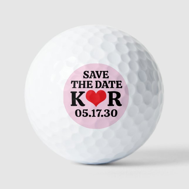 SAVE THE DATE Red Heart MONOGRAM Pink Background Golf Balls (Front)