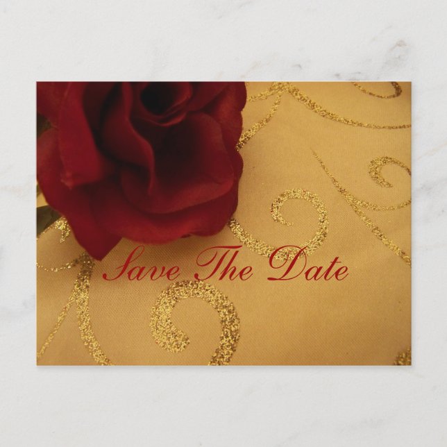 Save The Date Red Rose Gold swirl Postcard (Front)