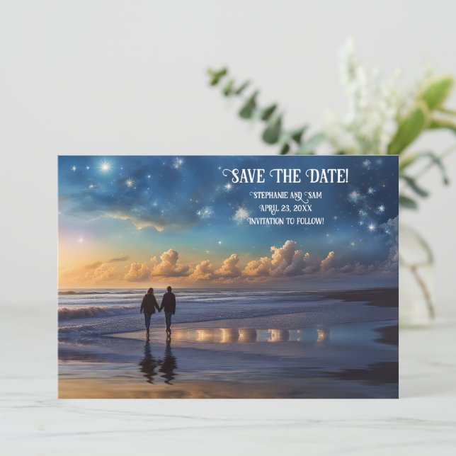 Save the Date Romantic Couple on Beach Invitation (Standing Front)