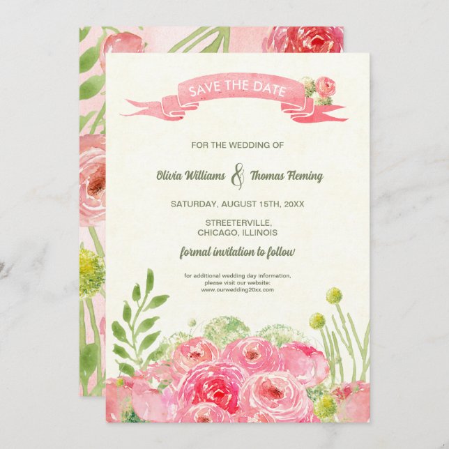 Save the Date. Romantic Watercolor Roses Wedding  Invitation (Front/Back)