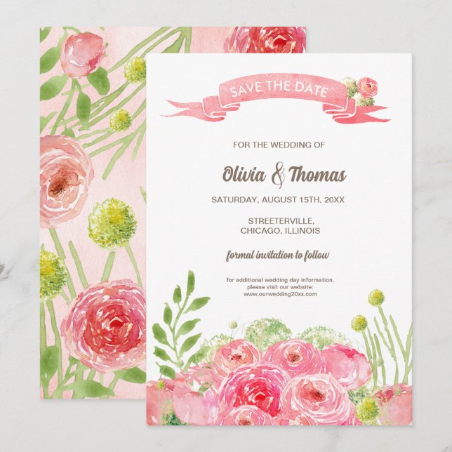 Save the Date. Romantic Watercolor Roses Wedding   Invitation (Front/Back)