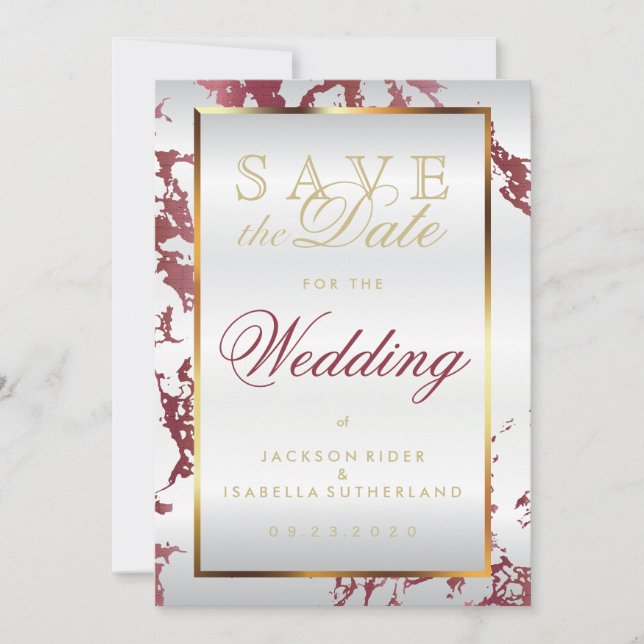 Save the Date Rose Gold Marble, White and Gold (Front)