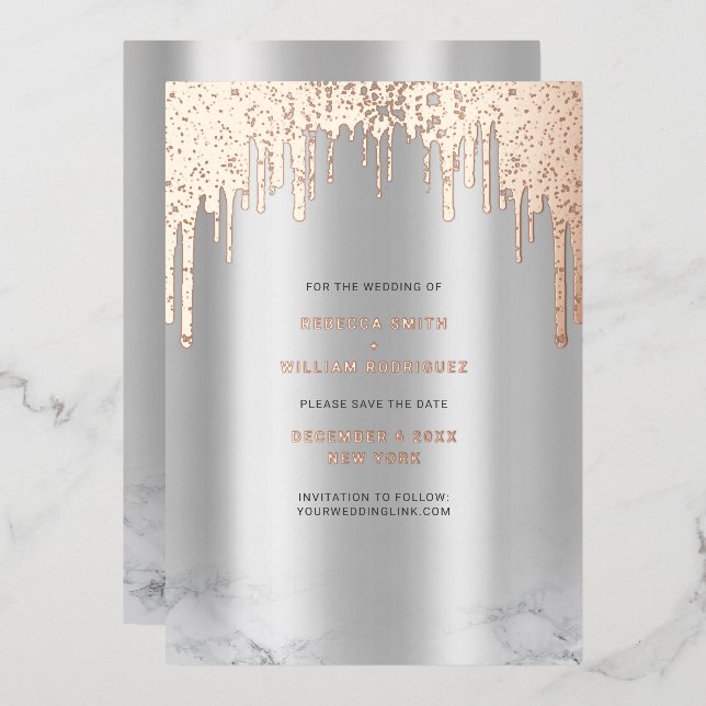 Save The Date Rosegold Glitter Drips Silver (Front/Back)