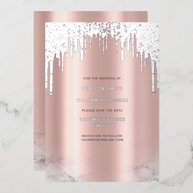 Save The Date Rosegold Glitter Drips Silver (Front/Back)