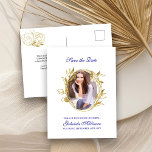 Save the Date Royal Blue and Gold Leaf Frame Photo Announcement Postcard<br><div class="desc">Save the Date Postcard, personalised with your photo, which is framed with a botanical leaf geometric oval frame. The design has a colour palette of royal blue and gold with elegant fancy script typography. The template is set up for you to add your picture, occasion, name, date and message on...</div>