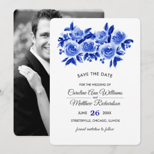 Save the Date Royal Blue Floral Photo Card