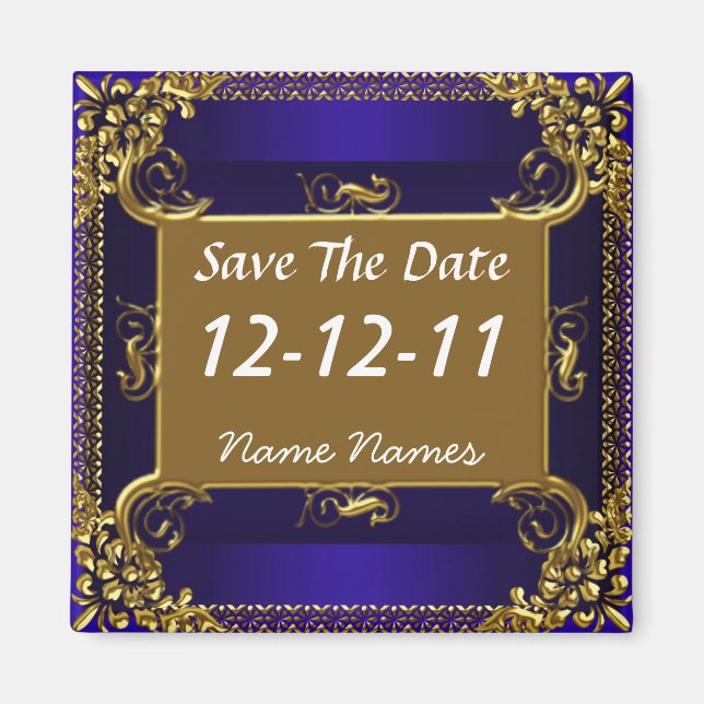 Save the Date Royal Blue Gold Magnet (Front)