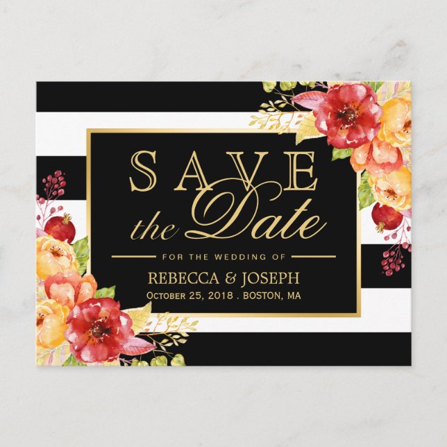 Save the Date - Rustic Autumn Gold Floral Stripes Announcement Postcard (Front)