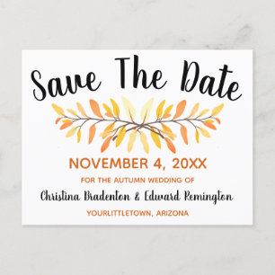 Save The Date Rustic Autumn Leaves Minimal Announcement Postcard