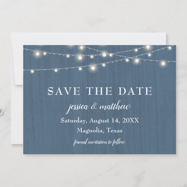 Save the Date Rustic Blue Farmhouse String Lights (Front)