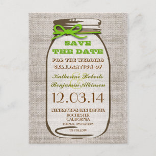 save the date rustic burlap mason jar announcement postcard