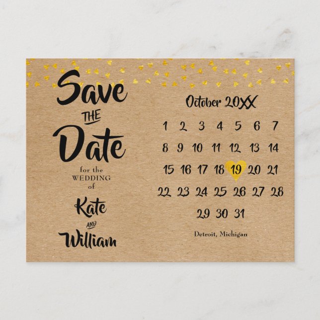 Save the Date Rustic Gold Heart Calendar Boho Postcard (Front)