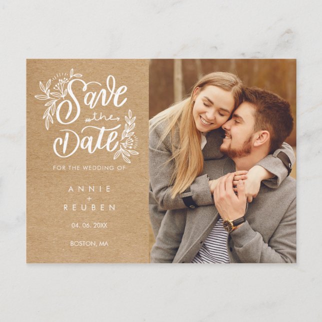 Save the Date Rustic Hand Script Photo Postcard (Front)