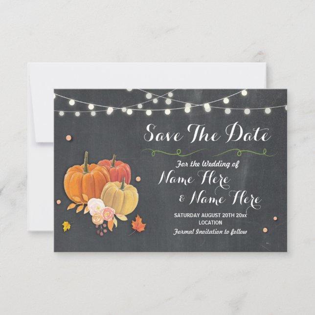 Save The Date Rustic Pumpkin Lights Chalk Wedding (Front)