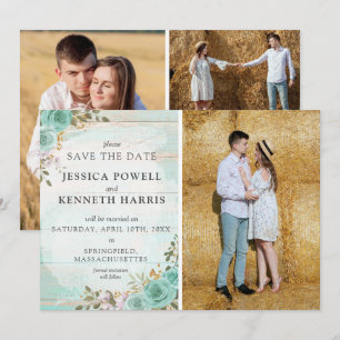 Save The Date Rustic Turquoise Floral 4-Photo Card
