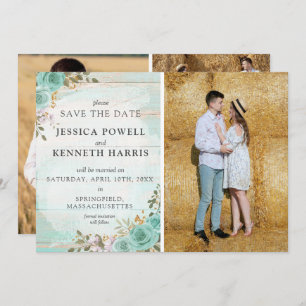 Save The Date Rustic Turquoise Floral 4-Photo Card